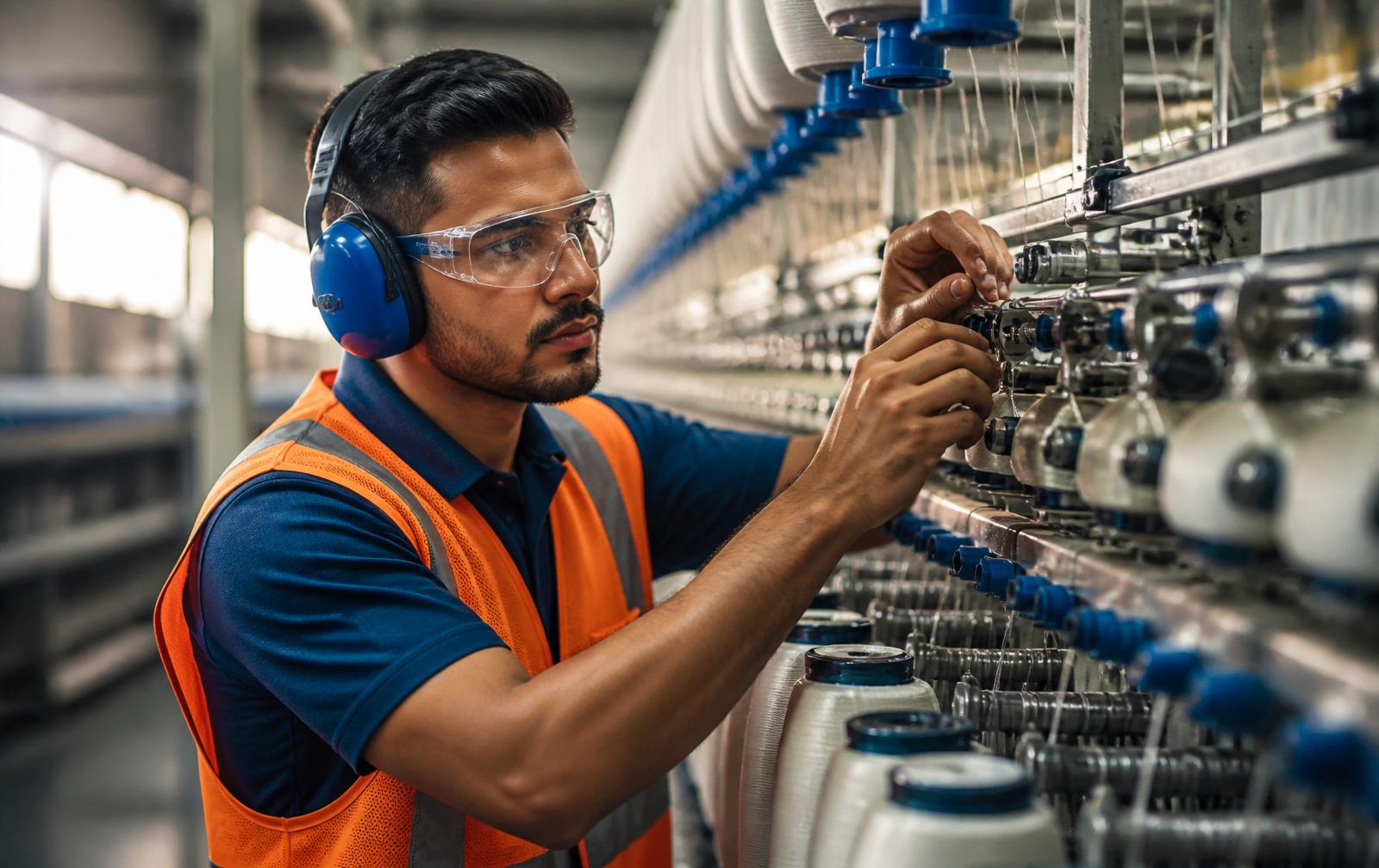 Colaborador FICAMP com EPI operando linha de produção